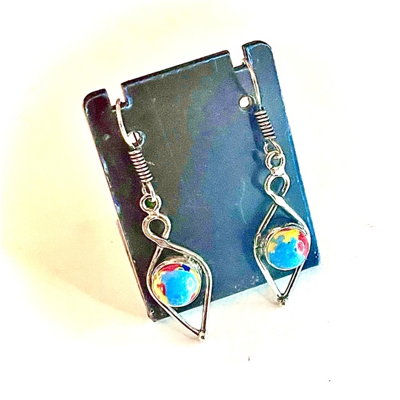 New Artisan Yellow Pink Blue Mosaic Jasper Sterling Silver Minimalist Earrings - Picture 10 of 11